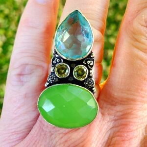 New Huge Faceted Blue Topaz, Citrine 925 Silver Statement Ring.